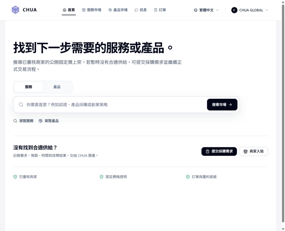 CHUA Commerce V1 平台首頁實際畫面